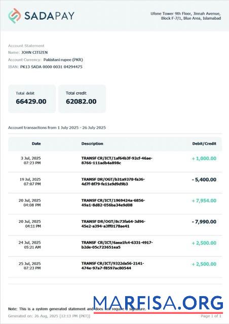 Printable Pakistan SadaPay account statement word real example